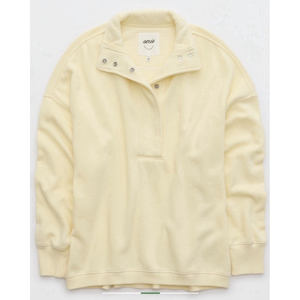 Aerie Sunday Soft Quarter Snap Sweatshirt Pale Yellow Oversized Fleece XS